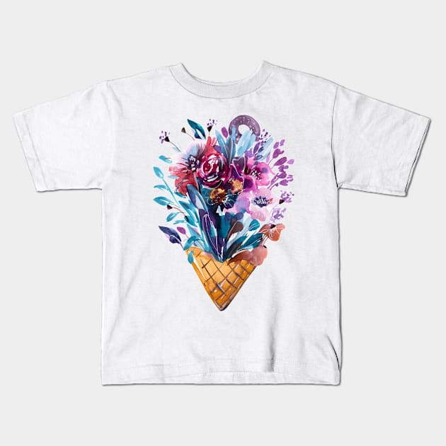 Summer Flowers Bouquet in ice Cream cone, handmade watercolor Kids T-Shirt by IngaDesign